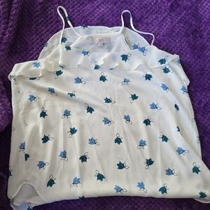 LOFT White Floral Camisole with Blue and Green Accents